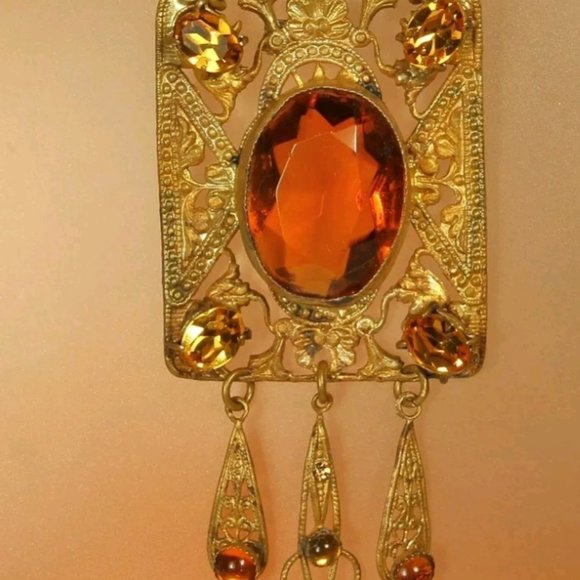 ART DECO CZECH Necklace 1930s Signed Lavalier TOPAZ CITRINE PASTE 15 in Choker - Picture 8 of 12